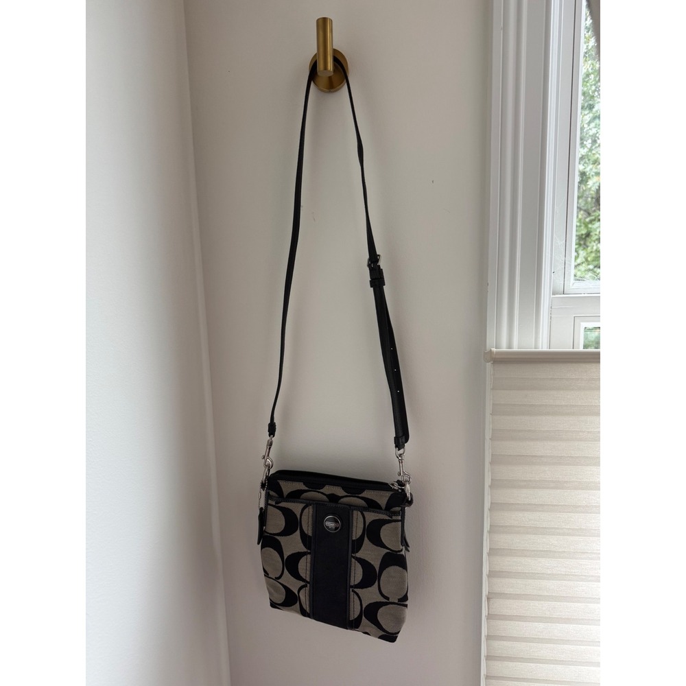 Coach Signature Jacquard Crossbody Messenger Bag Black Grey Y2K Flat Purse